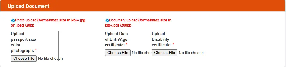 Upload photo, DOB certificate, and Disability Certificate