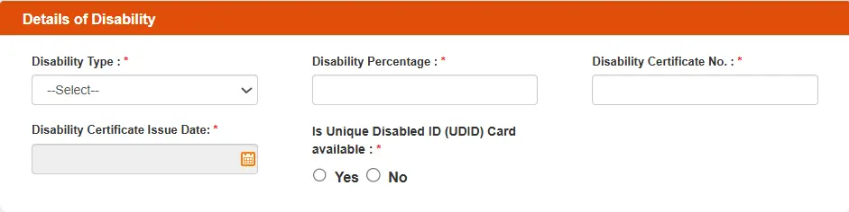 Enter disability type, percentage, certificate details, and UDID info